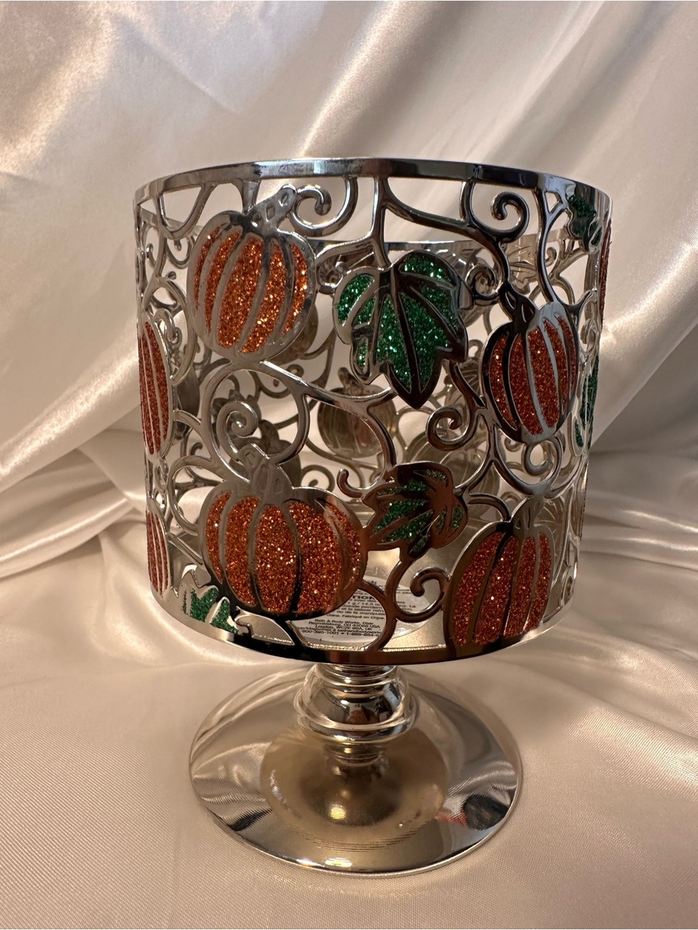 Silver Orange Pumpkin Glitter 3-Wick Candle Holder